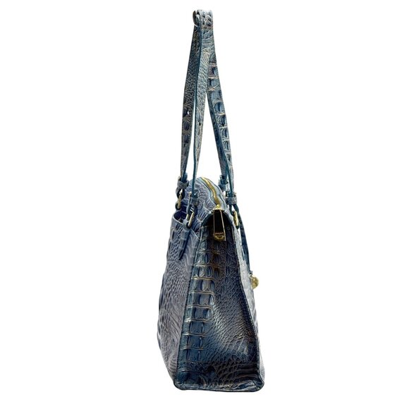 Brahmin Embossed Crocodile Blue Leather Women's Shoulder Bag With Gold Accents - Picture 4 of 12